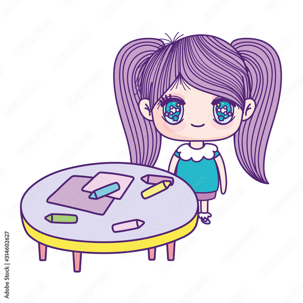 cute little girl cartoon with table crayons and paper cute little girl cartoon with table crayons and paper