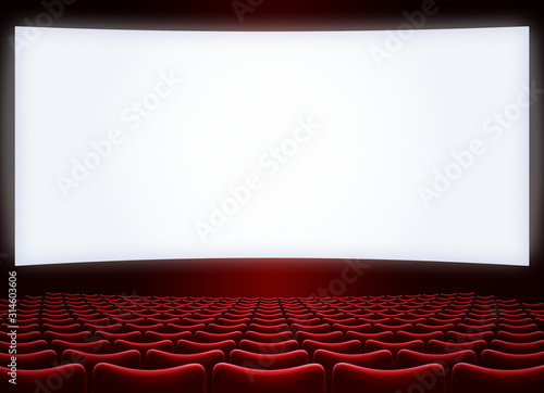 cinema big screen with red seats 3d illustration