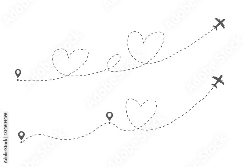 Airplane flight route. Flight tourism route path. Starting pin to destination point. Travel symbol. Vector illustration