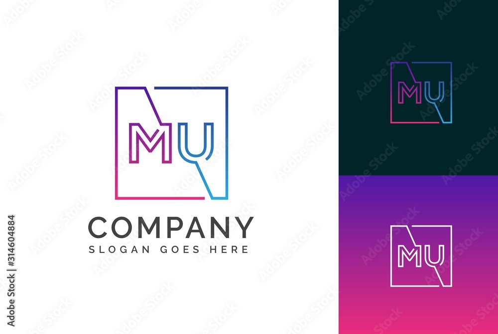 Purple blue gradient square initial letter MU line logo design vector graphic Purple blue gradient square initial letter MU line logo design vector graphic