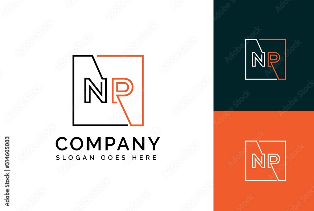 Orange black square initial letter NP line logo design vector graphic