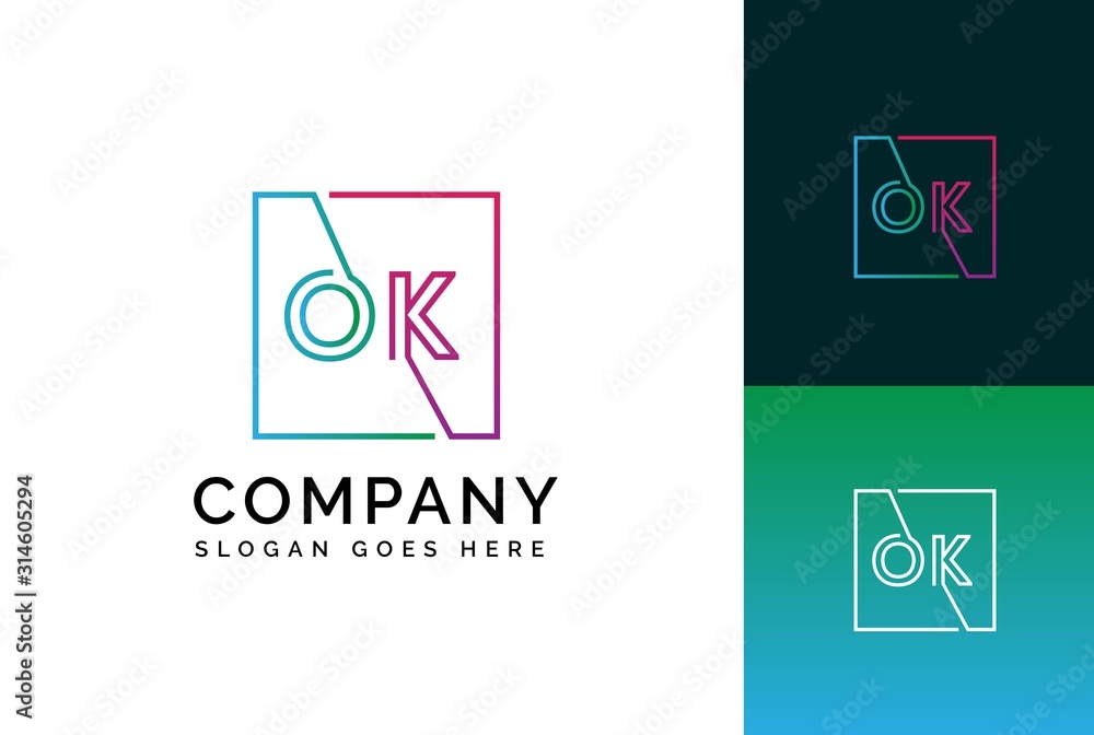 Blue green pink gradient square initial letter OK line logo design vector graphic Blue green pink gradient square initial letter OK line logo design vector graphic