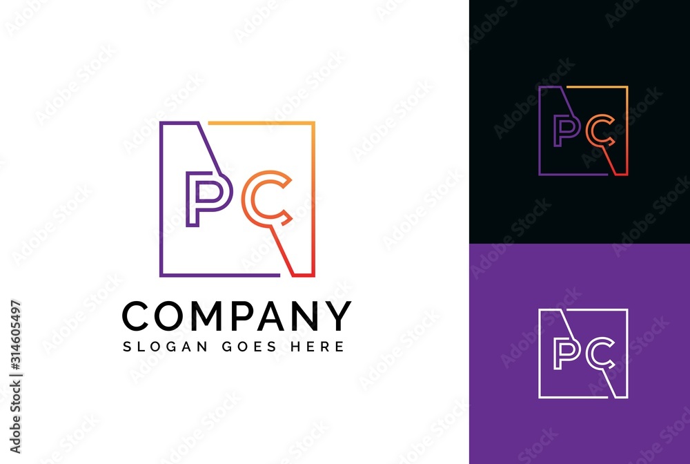 Purple orange gradient square initial letter PC line logo design vector graphic
