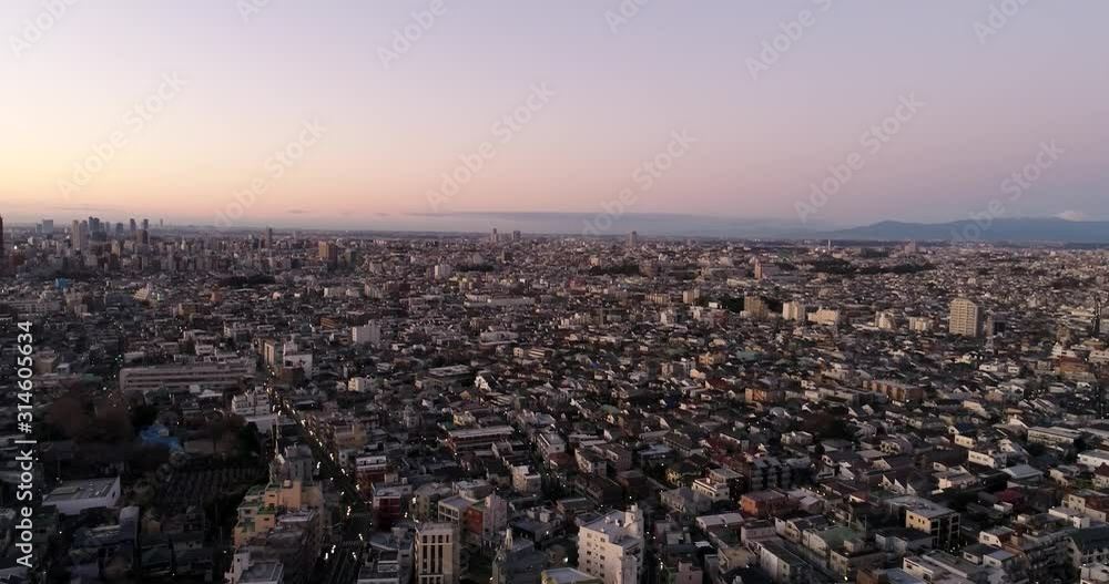 White peak of Mt Fuji seen on horizon from Tokyo city over roofs of local houses and streets at sunrise. White peak of Mt Fuji seen on horizon from Tokyo city over roofs of local houses and streets at sunrise.