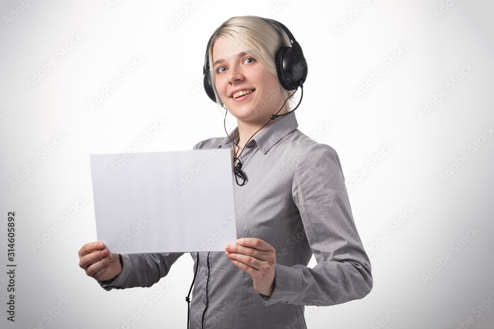 Portrait of an employee call center on white background. Support operator. Portrait of an employee call center on white background. Support operator.