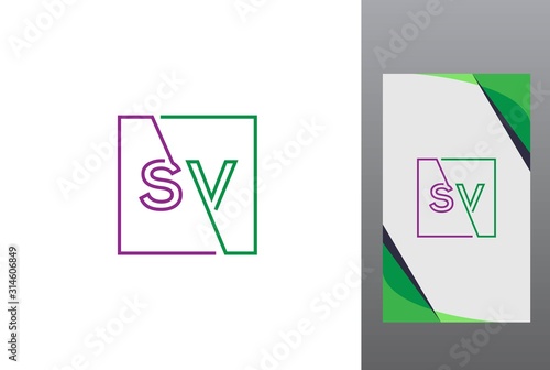 Purple green square initial letter SV line logo design vector graphic