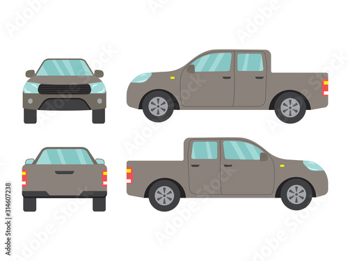 Set of gray pickup truck car view on white background illustration vector Side  front  back