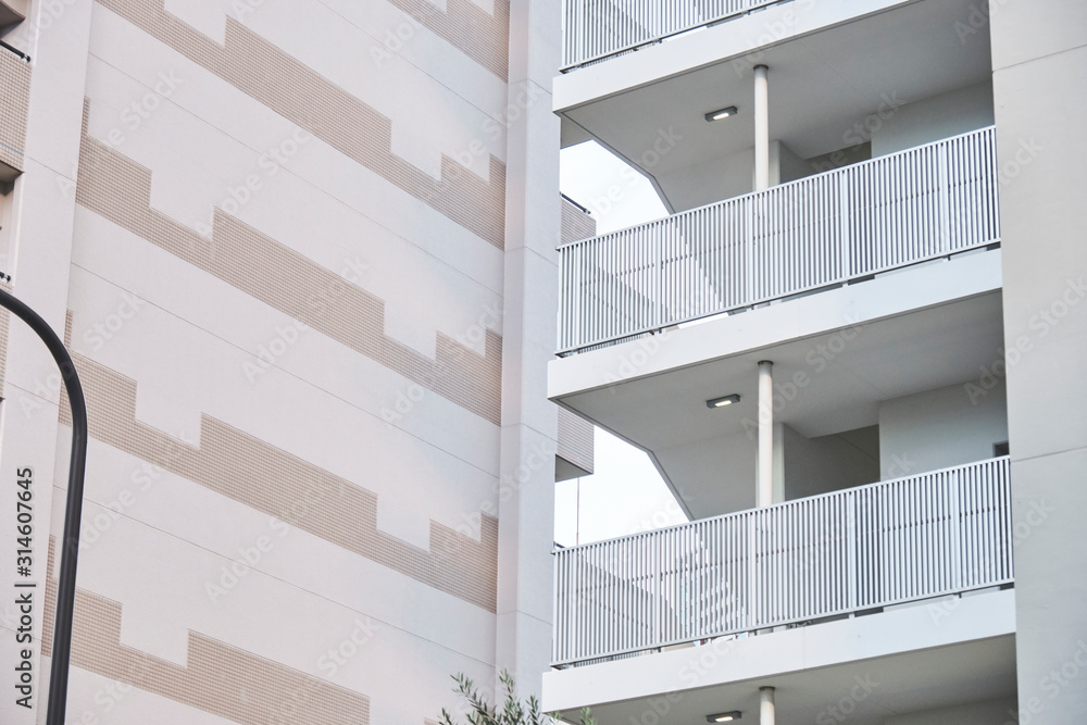 Fototapeta premium Minimal White Apartment Balconies and Stairwell, Abstract Lines