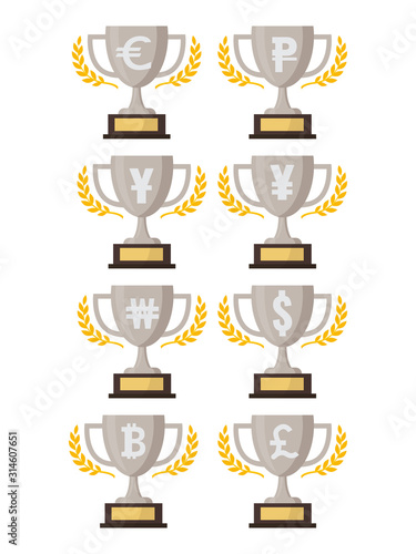 Set of silver trophy with silver currency sign,vector illustration