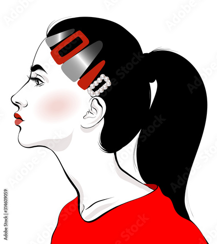 Vector hand drawn fashion illustration of girl with hairpins isolated. Template for card, poster, banner, print for t-shirt, pin, badge, patch.
