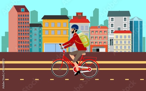 Cyclist on the city street, urban buildings on the background vector