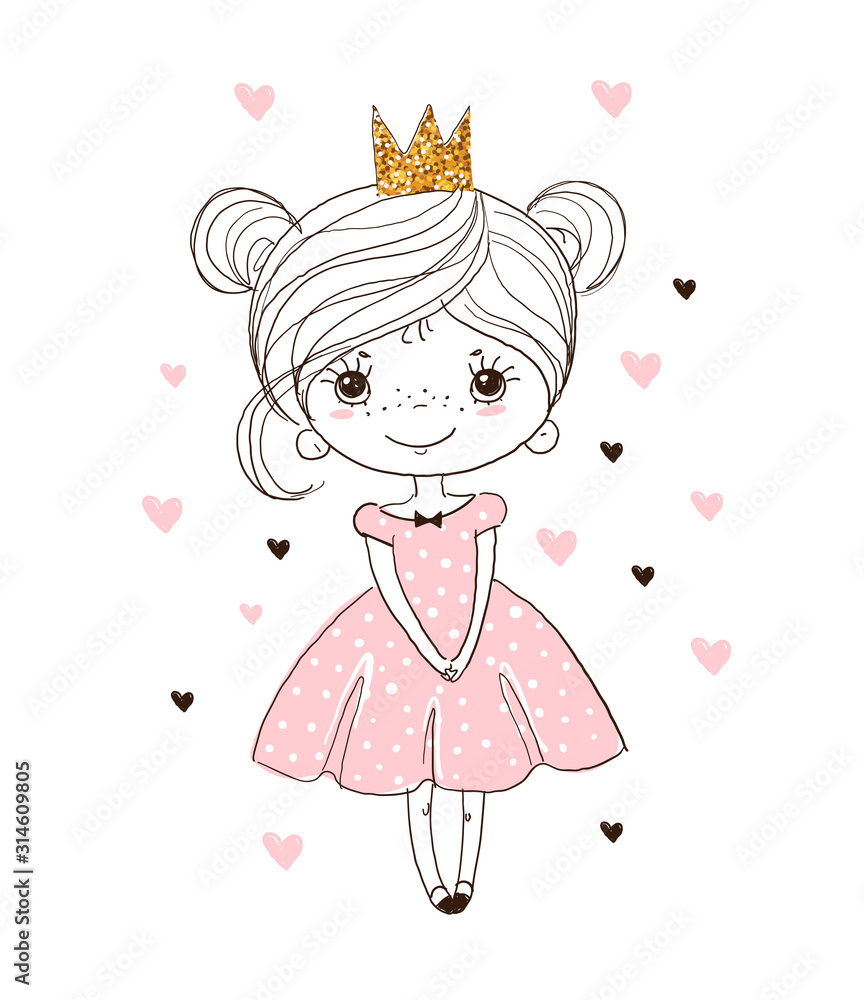 Cute little princess in the crown. Beautiful girl in an elegant dress.  Holiday Greeting Card. Simple cartoon vector illustration isolated on white  background Stock Vector | Adobe Stock