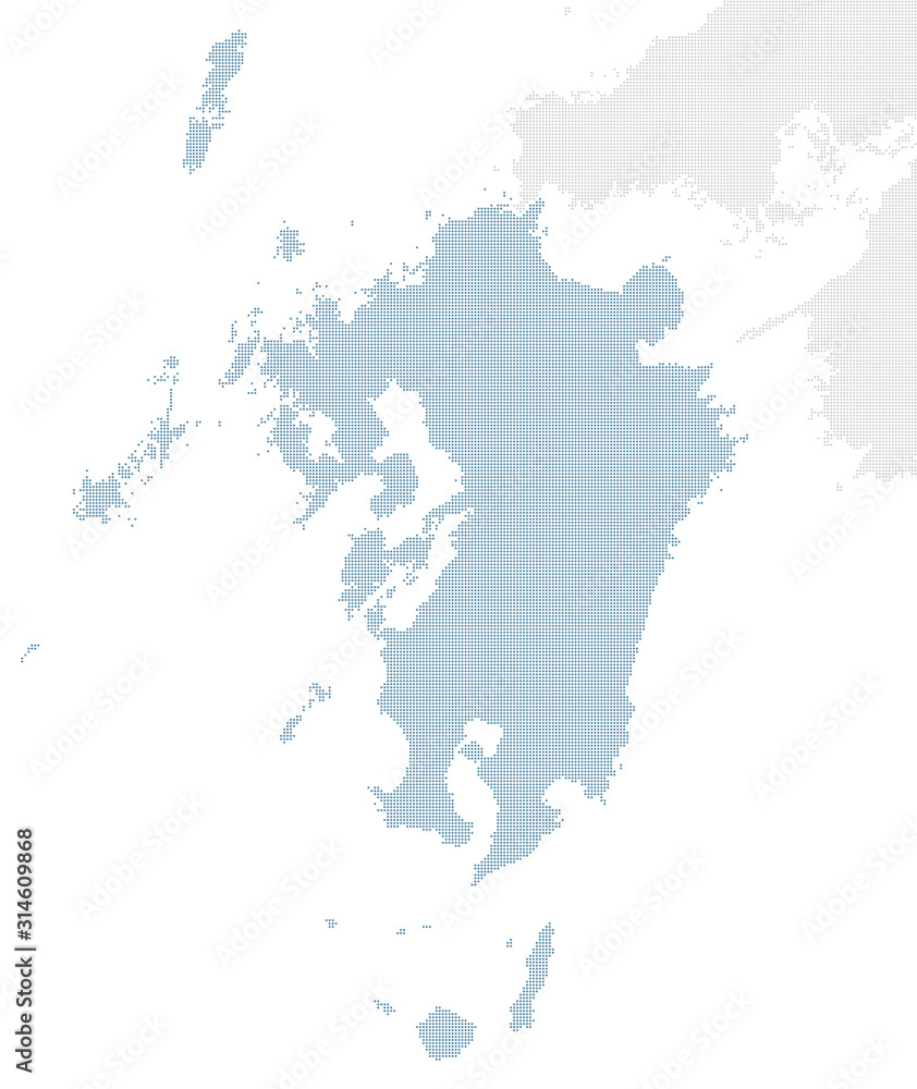日本の九州地方を中心とした青のドットマップ、大サイズ。