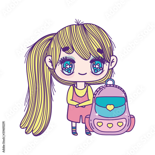kids, cute little girl anime cartoon with backpack © Stockgiu