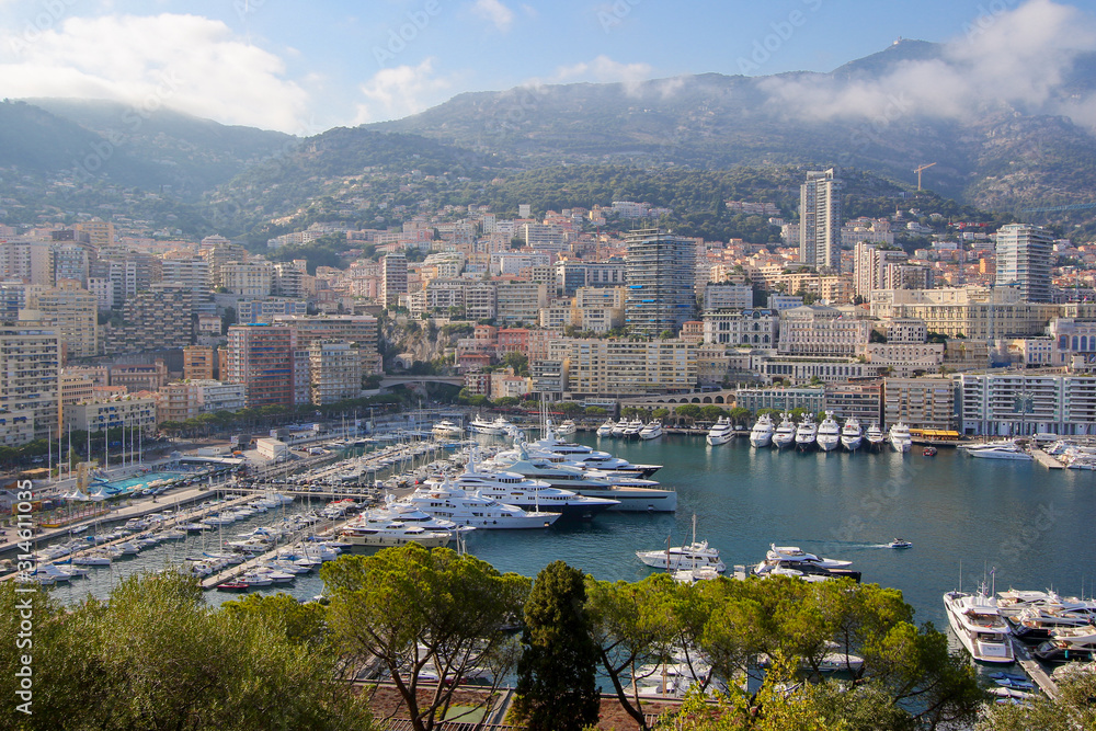 Aerial view of Port Hercule in the center of Monaco, Monte-Carlo on the French Riviera