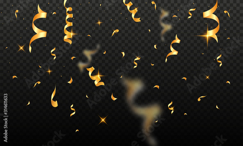 Golden Confetti Fall Down on Black Transparent Background.