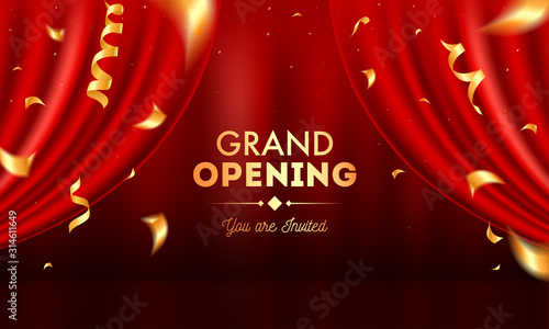 Realistic Grand Opening Invitation with Red Curtains and Golden Confetti.