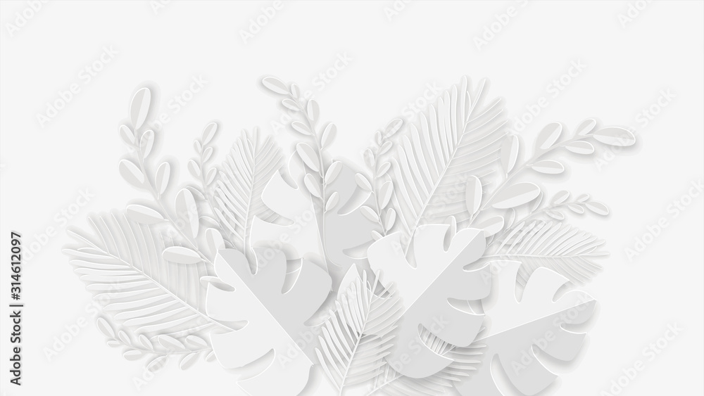 Paper cut tropical leaves decorated on white background.