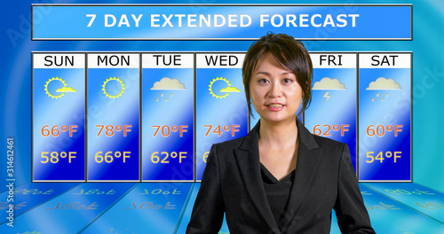Canvas Print Asian American meteorologist reporting weather