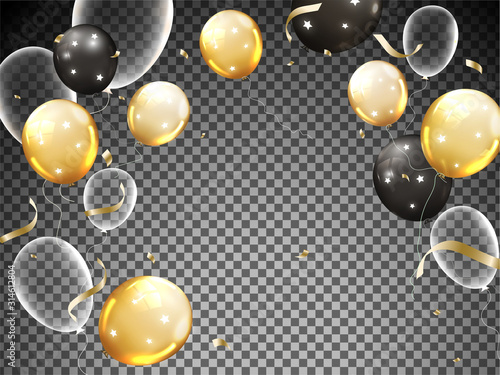 Shiny Balloons with Golden Confetti Decorated on Black Transparent Background.
