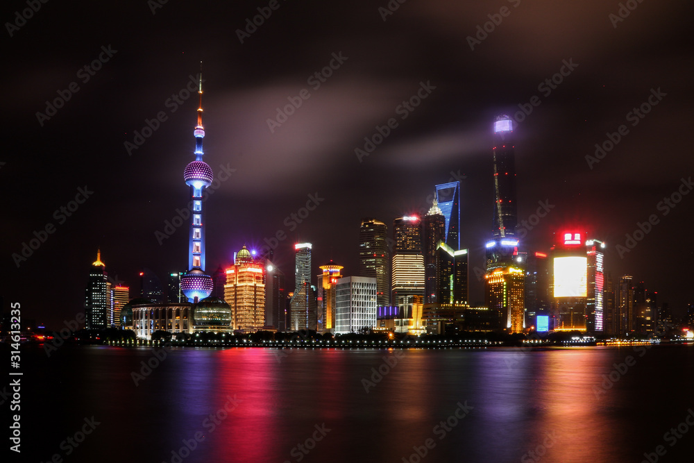 Shanghai city skyline at night, Panoramic view of shanghai skyline and huangpu river in China