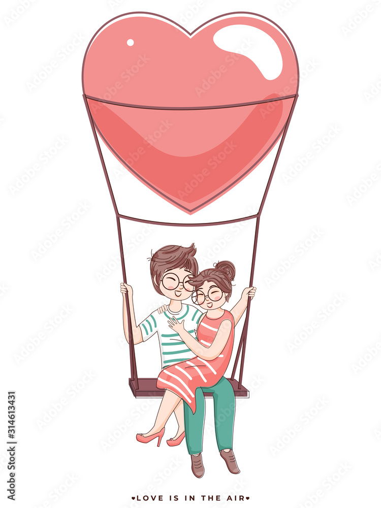 Cartoon Loving Couple Sitting on Heart Swing of Love is in the air concept.  Stock Vector | Adobe Stock