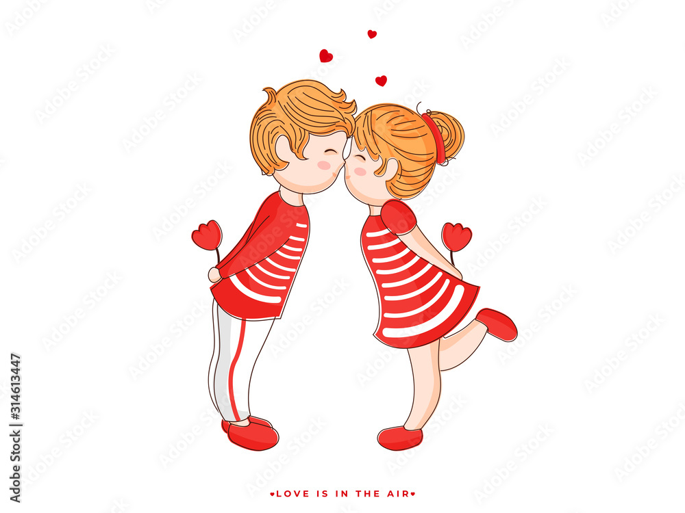 Cartoon Cute Couple Kissing in Standing Pose on White Background. Stock  Vector | Adobe Stock