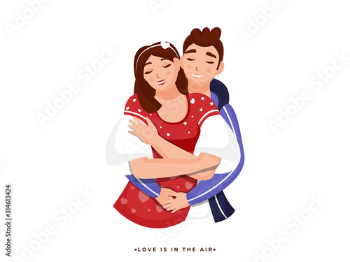 Character of Young boy hugging to his girlfriend on white background for Love Is In The Air concept.