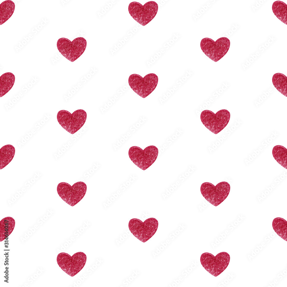 Seamless pattern with Attributes Valentine's Day isolated on a white background. Drawing with colored pencils. 