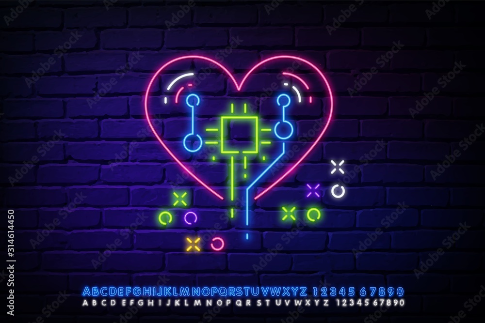 Neon icon of human heart and circuits. Neon Robot heart vector