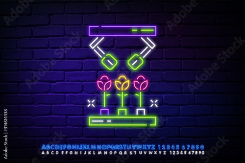 Auto growing plants. Neon sign of a biomechanical hand grown plants and flowers Watering can blue neon icon. Simple thin line, outline vector of autumn icons for ui, website or mobile application