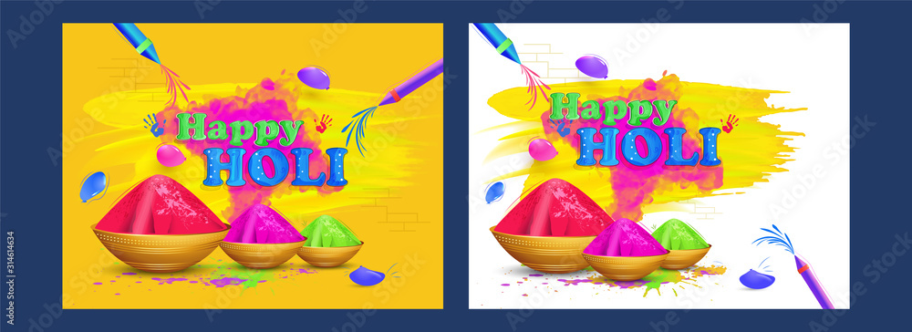 Happy Holi Celebration Poster Design with Color Guns, Balloons and Bowls Full of Powder (Gulal) in Two Color Option.