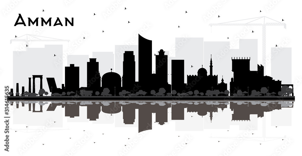 Amman Jordan City Skyline Silhouette with Black Buildings and Reflections Isolated on White.