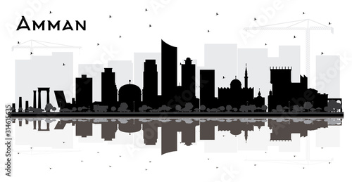 Cuadro en lienzo Amman Jordan City Skyline Silhouette with Black Buildings and Reflections Isolated on White
