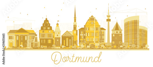 Dortmund Germany City Skyline Silhouette with Golden Buildings Isolated on White.