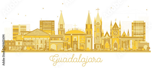 Guadalajara Mexico City Skyline Silhouette with Golden Buildings Isolated on White.
