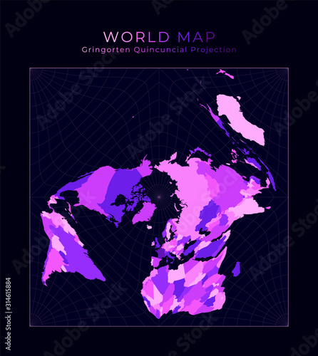 World Map. Gringorten square equal-area projection. Digital world illustration. Bright pink neon colors on dark background. Vibrant vector illustration. photo