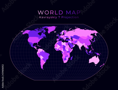 World Map. Kavrayskiy VII pseudocylindrical projection. Digital world illustration. Bright pink neon colors on dark background. Neat vector illustration.