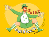 Faceless Leprechaun Man Celebrating with Drinks Sitting on Yellow Background for Saint Patrick's Day.