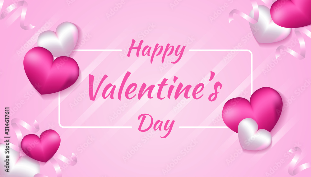 Valentines Day Background with 3d heart shape, ribbon in pink and white color, applicable for invitation, greeting, celebration card