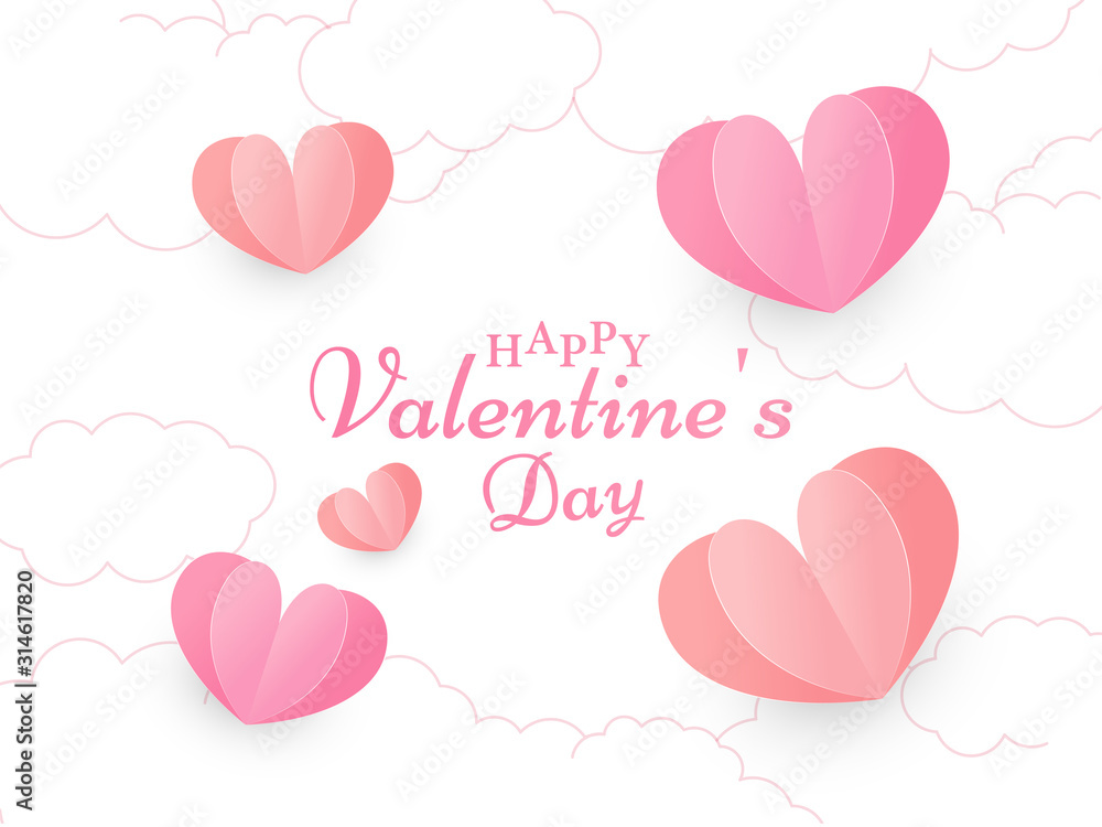 Calligraphy Happy Valentine's Day Text on White Cloud Background Decorated with Red and Pink Paper Cut Hearts.