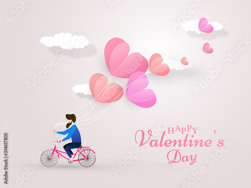 Illustration of Man Riding Bicycle with holding Origami Paper Heart Balloons for Happy Valentine's Day Celebration.