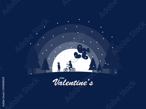 Silhouette Boy Riding Bicycle and Holding Heart Balloons with Girl Standing on Blue Paper Cut Full Moon Landscape Background for Happy Valentine's Day.