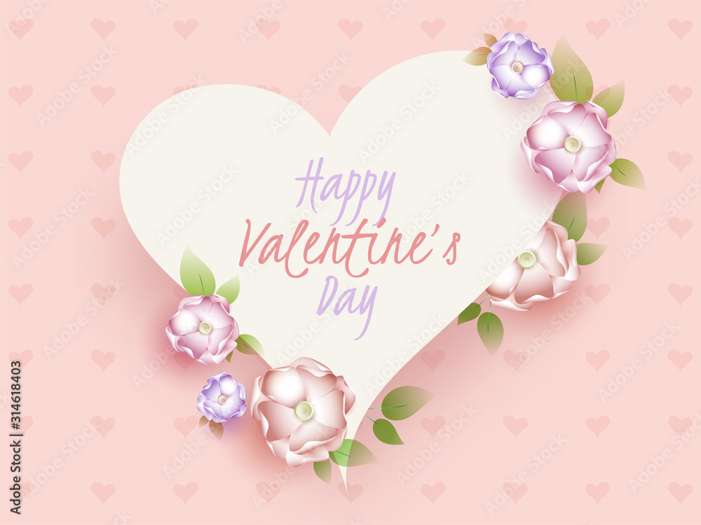 Happy Valentine's Day Font in White Heart Shape Decorated with Realistic Flowers on Pink Heart Pattern Background.