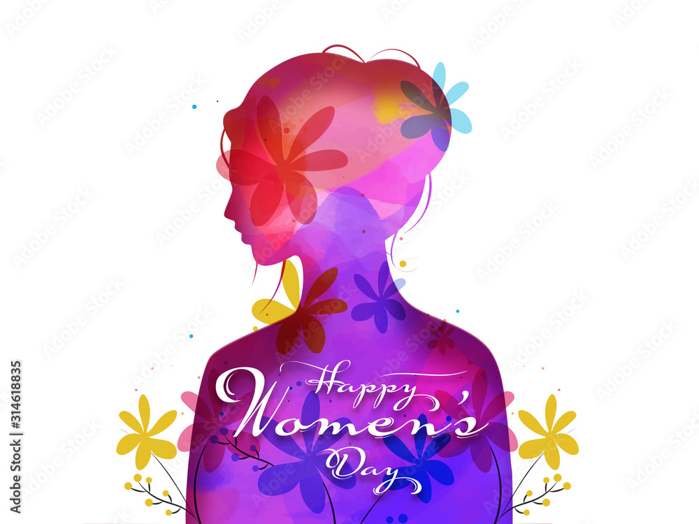 Gradient Silhouette Young Lady Decorated with Flowers on White Background for Happy Women's Day Celebration Concept. - obrazy, fototapety, plakaty 