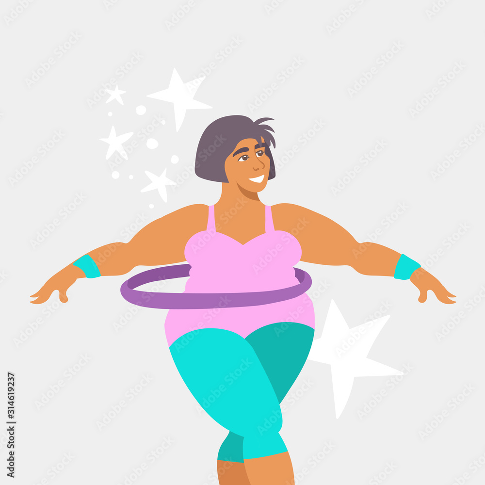 Vector colorful illustration on the theme of sport, healthy lifestyle, gym, workout. Training woman in sportswear with hoop. Female cartoon character. Flat design illustration - obrazy, fototapety, plakaty 