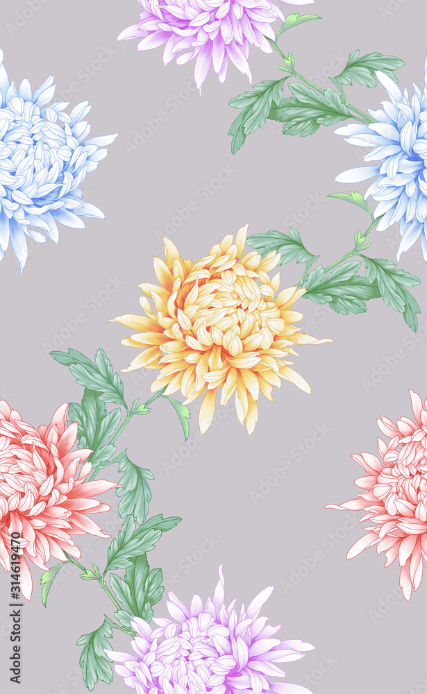Obraz premium Seamless background with chrysanthemums and ornament on backdrop.