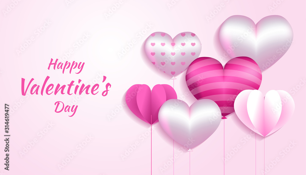 Valentines Day Background with 3d heart shape, paper love in pink and white color, applicable for invitation, greeting, celebration card