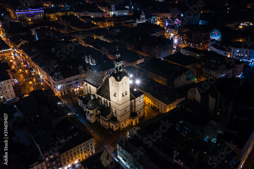  View on Latin Cathedral in Lviv, Ukraine at night from drone