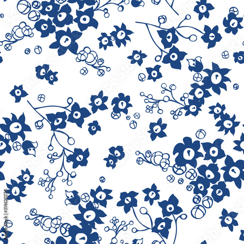Blue floral ditsy seamless vector texture pattern on white background for fabric, fashion print, wallpaper, scrapbooking projects.